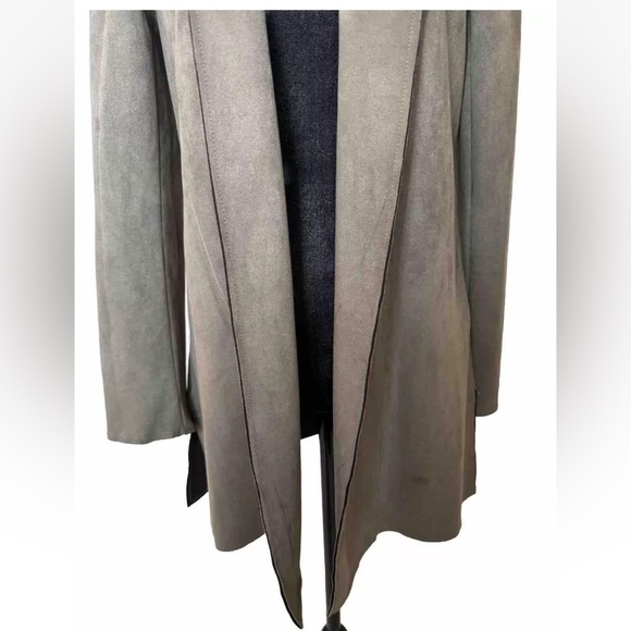 Premise Faux Leather Jacket Sz S Gray Green Open Front Minimalist Long Lines EUC - Picture 6 of 13